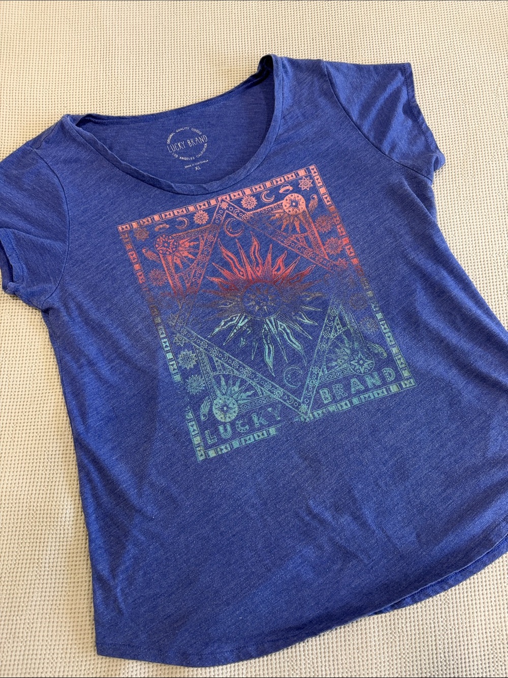 Lucky Brand Blue Tee with Multicolor Sunband Graphic